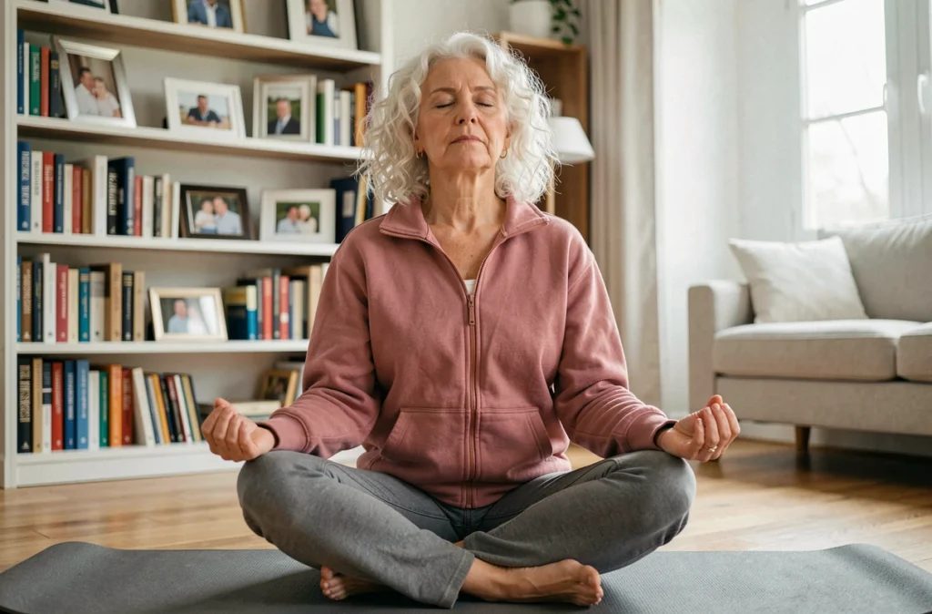 Une femme senior pratique la méditation à domicile pour améliorer sa concentration et sa mémoire
