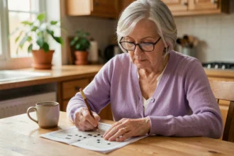 Une femme âgée concentrée résout des mots croisés à sa table de cuisine pour stimuler sa mémoire
