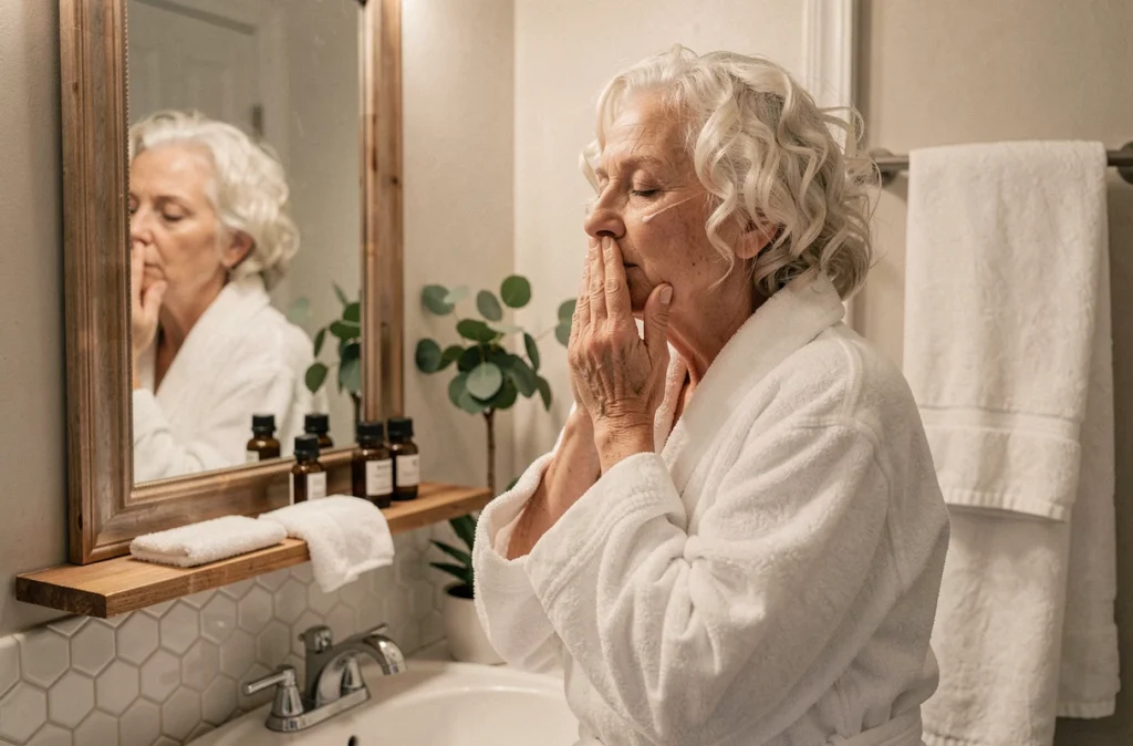 Senior femme effectuant une routine apaisante du soir dans la salle de bain pour améliorer la qualité du sommeil
