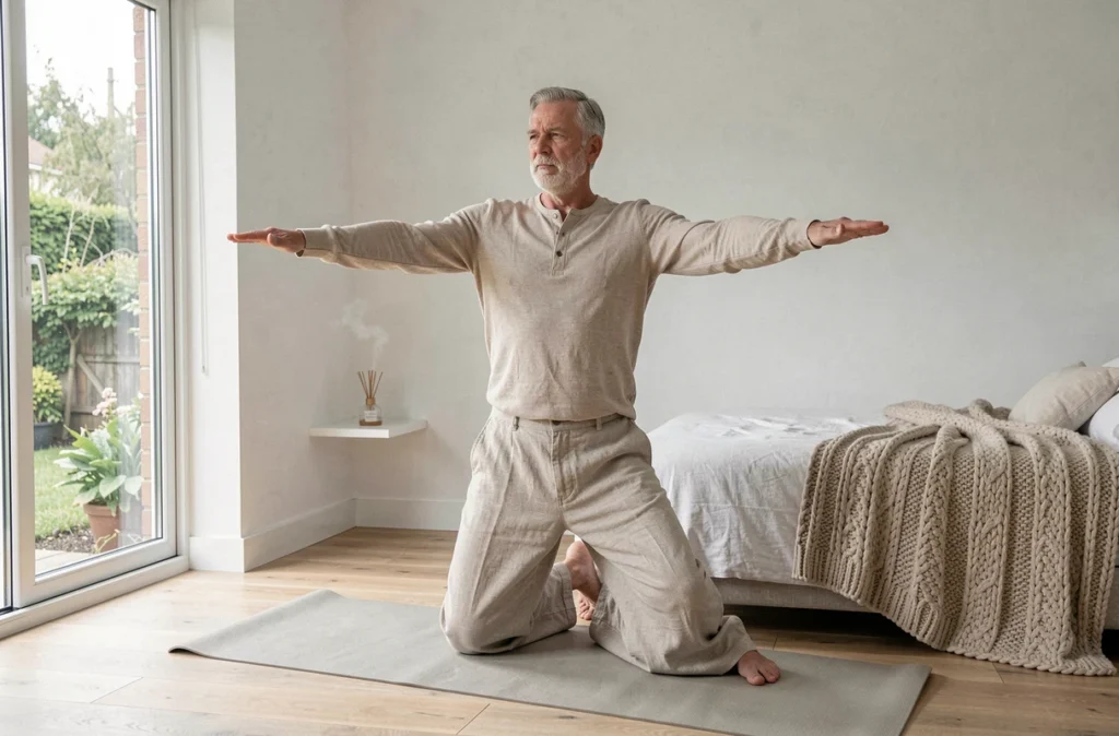 Homme senior faisant des étirements doux avant le coucher pour favoriser un sommeil réparateur
