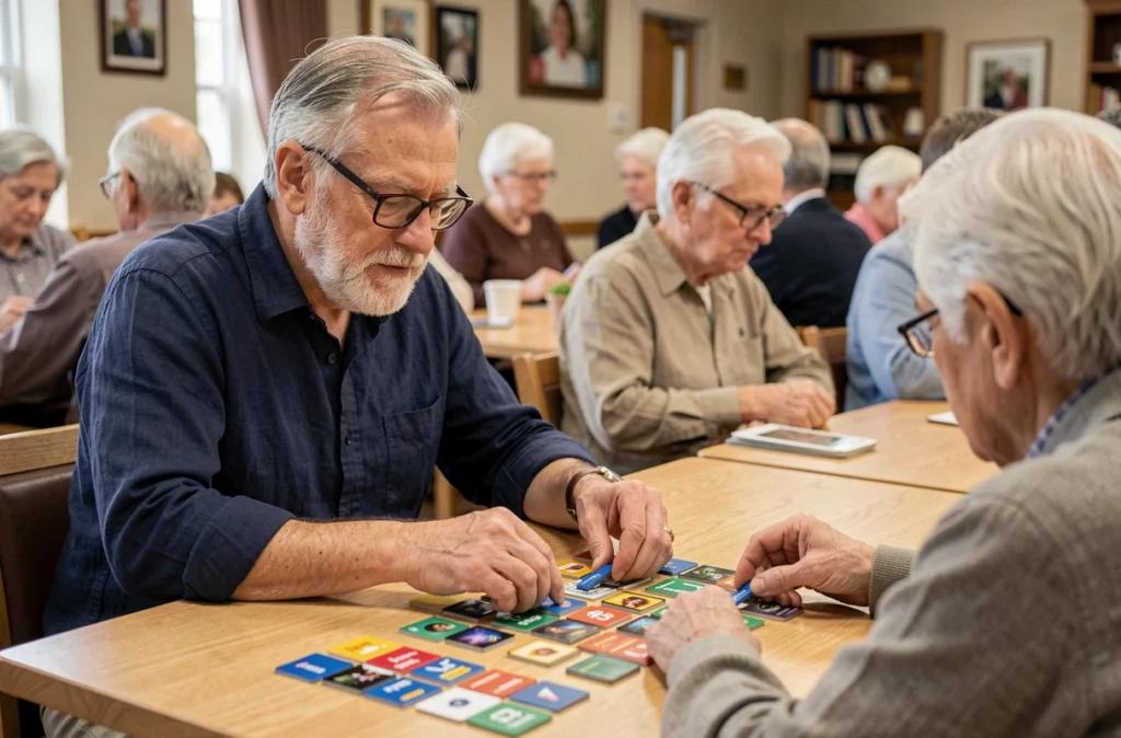 Un homme âgé participe à un atelier de jeux de mémoire en groupe dans un centre pour seniors
