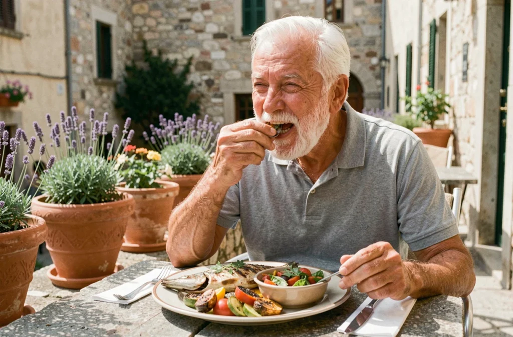 Senior homme dégustant un repas méditerranéen équilibré en terrasse pour le bien-être au quotidien