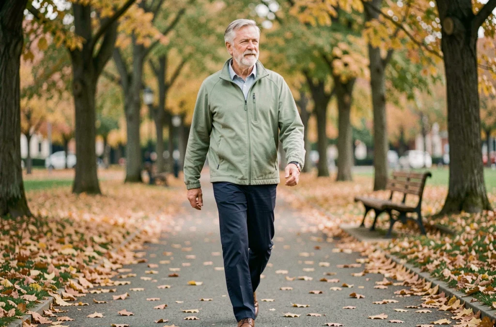 Senior de 68 ans marchant rapidement dans un parc en automne, exercice physique adapté aux personnes âgées en plein air