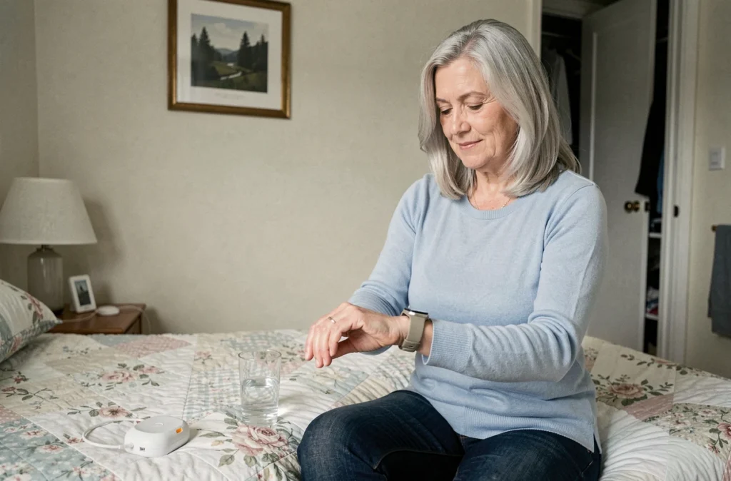 Une femme âgée consulte sa montre connectée de santé dans sa chambre, illustrant la surveillance médicale à distance pour le maintien à domicile des seniors