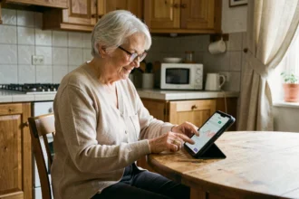 Une femme âgée utilise une tablette numérique pour gérer sa santé depuis sa cuisine, illustrant le maintien à domicile grâce aux nouvelles technologies