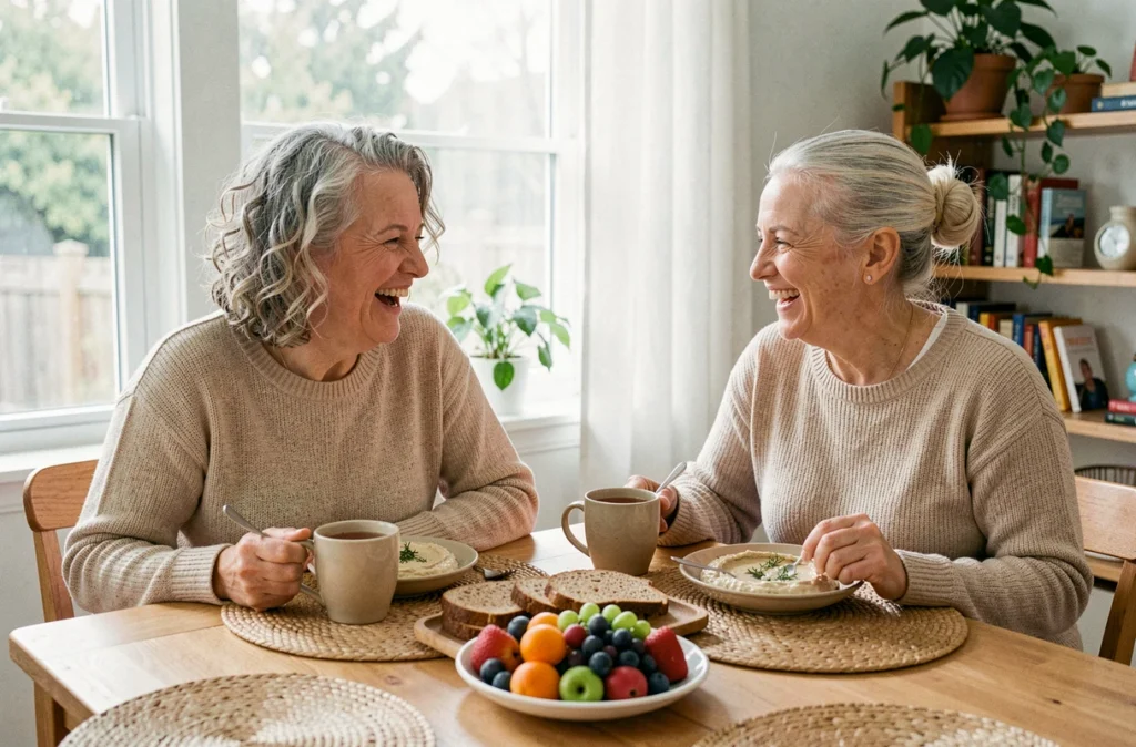 Deux seniors femmes partageant un repas sain et convivial pour favoriser le bien-être alimentaire au quotidien