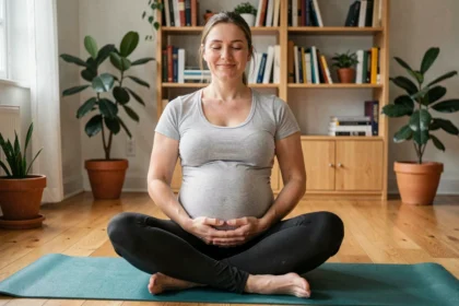 Femme enceinte pratiquant le yoga prénatal sur un tapis vert à domicile en toute sécurité
