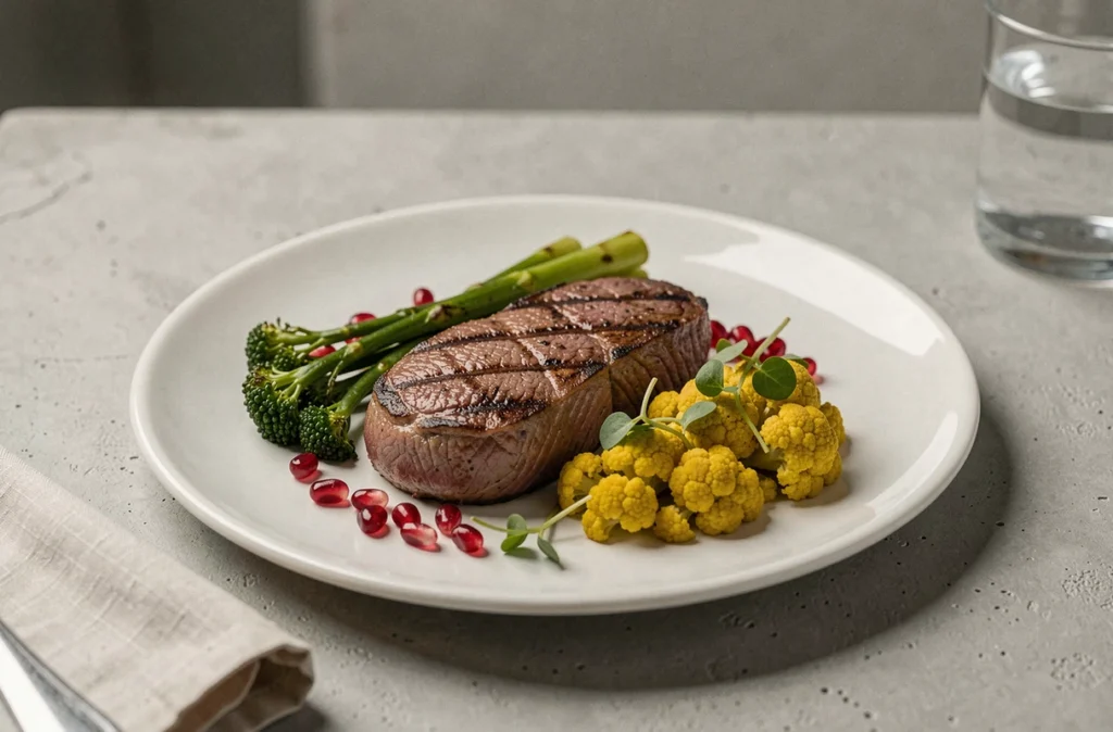 Assiette gastronomique de filet de bœuf maigre grillé avec purée de chou-fleur au curcuma et broccolini, cuisine anti-inflammatoire