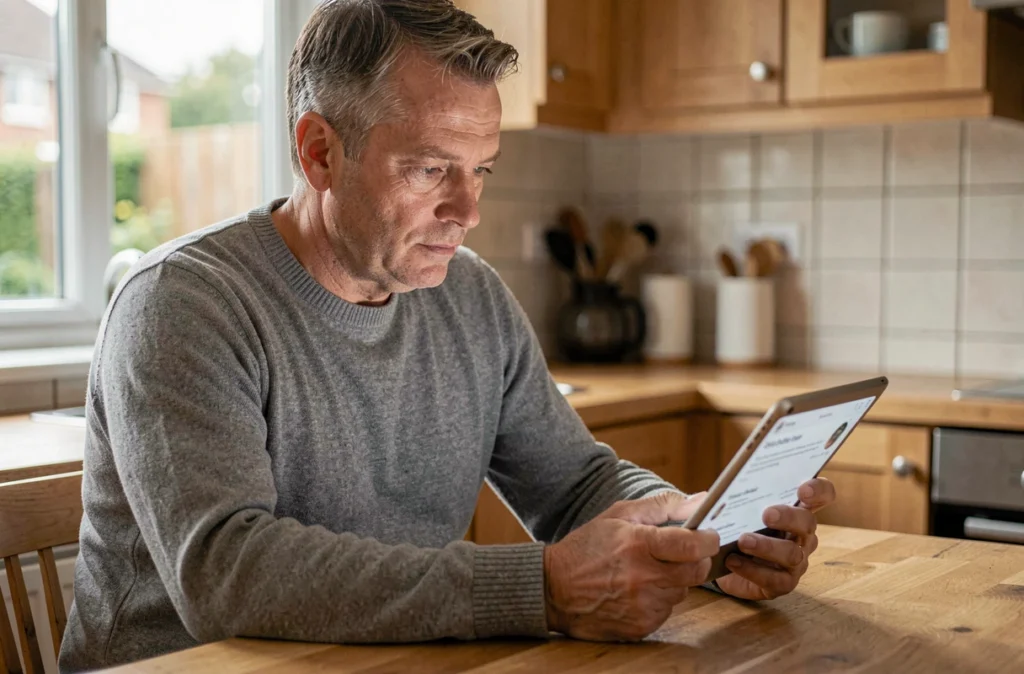 Homme lisant des avis clients sur une tablette pour choisir son assurance depuis chez lui