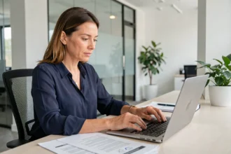 Femme comparant des offres d'assurance en ligne sur un ordinateur portable dans un bureau moderne