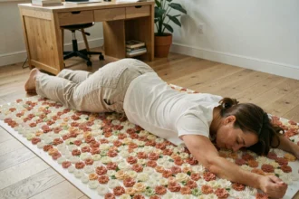 Femme allongée sur un tapis d'acupression floral dans un bureau à domicile pour soulager le mal de dos