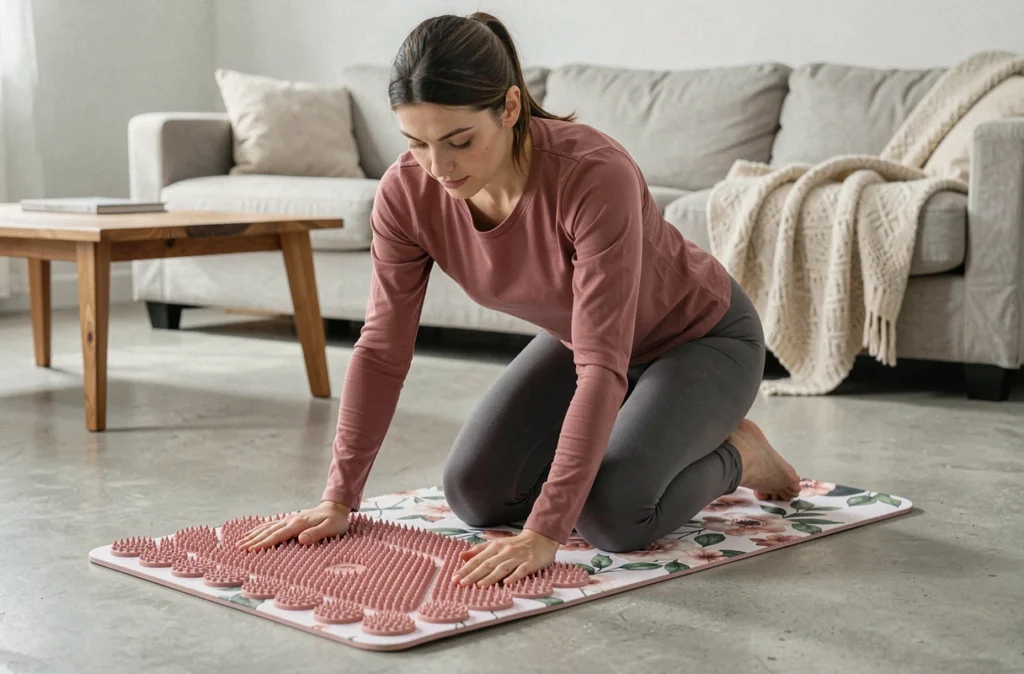 Femme à genoux sur un tapis d'acupression floral dans un salon minimaliste pour prévenir le mal de dos