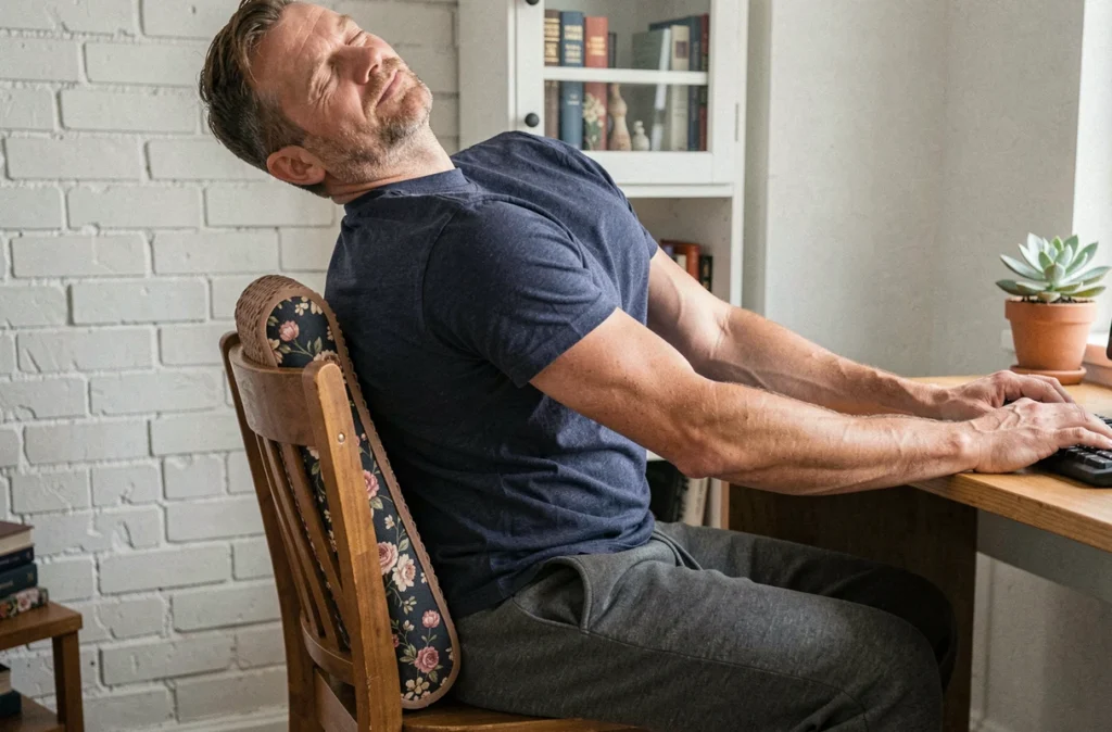 Homme utilisant un tapis Champ des Fleurs contre le dossier de sa chaise de bureau pour soulager les lombaires