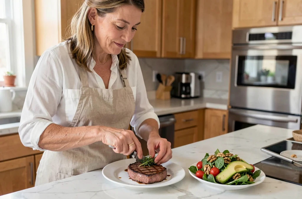 Femme préparant un repas équilibré avec de la viande rouge maigre grillée et une salade anti-inflammatoire dans une cuisine moderne