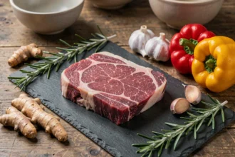 Viande rouge maigre de bœuf crue sur ardoise entourée d'ingrédients anti-inflammatoires comme le curcuma, le romarin et les poivrons