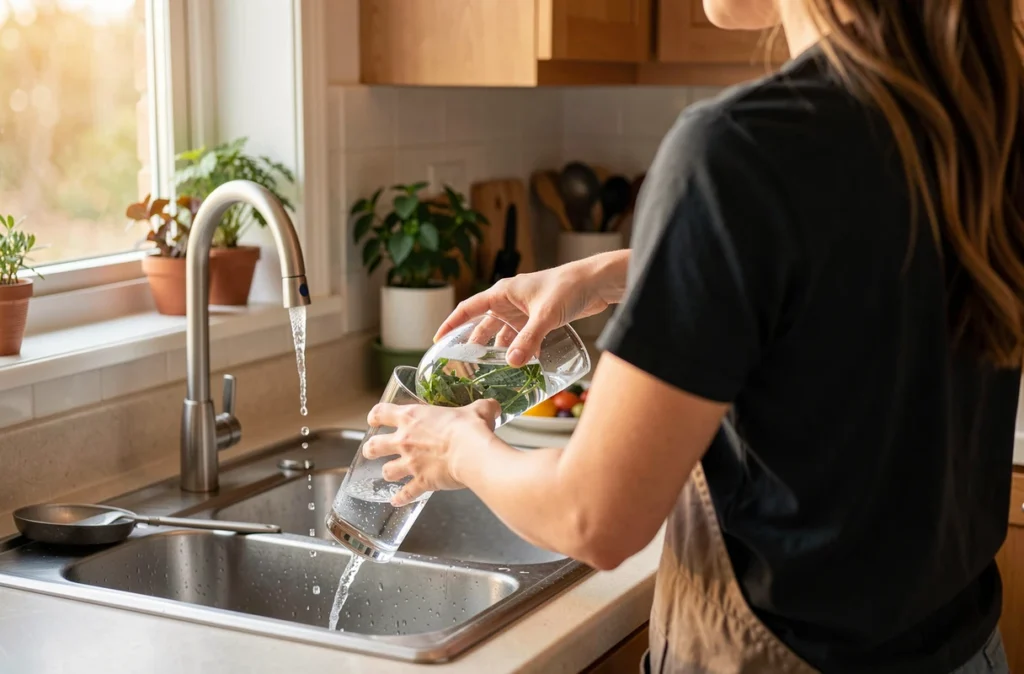 Femme buvant un grand verre d'eau avant le repas