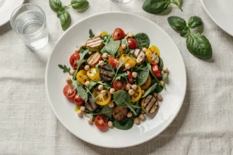 Assiette healthy colorée dans un restaurant méditerranéen des Bouches-du-Rhône, salade de légumes grillés et pois chiches avec herbes fraîches