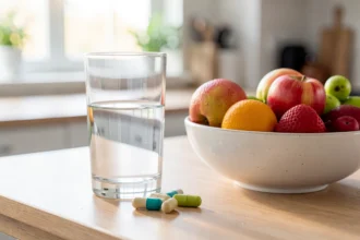 Verre d'eau et gélules posés sur une table de cuisine