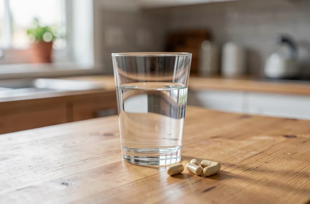 Verre d'eau et gélules posés sur une table de cuisine